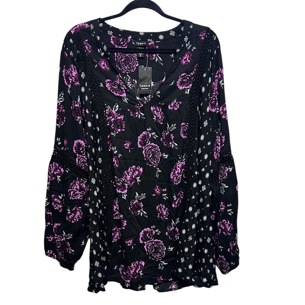 Torrid Purple Floral Black Blouse Tunic Top Lace V-Neck Long Sleeve Feminine 3X‎